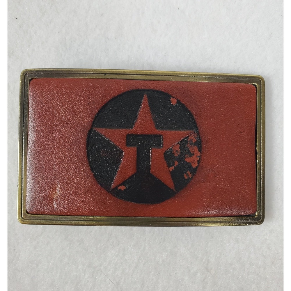 Vintage Texaco Gas Station Belt Buckle Brass Leather Star Great American Buckle